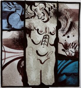 Expressionistisch gebrandschilderd glas-in-loodpaneel met de voorstelling van een animistische figuur