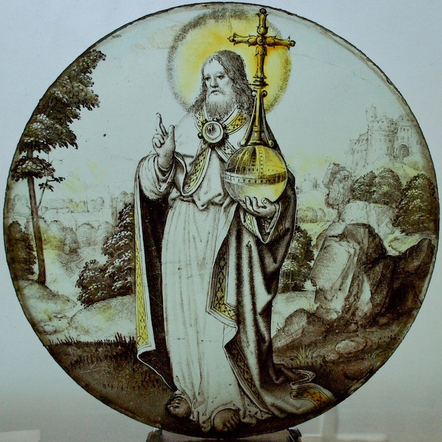 16de-eeuws gebrandschilderd glasmedaillon met de voorstelling van Christus Salvator Mundi
