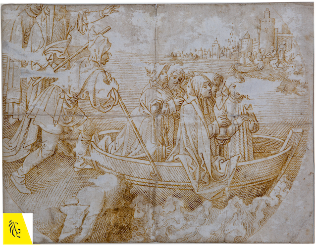 Tekening met de voorstelling van de vlucht van Maria Magdalena, Martha en Lazarus naar Marseille